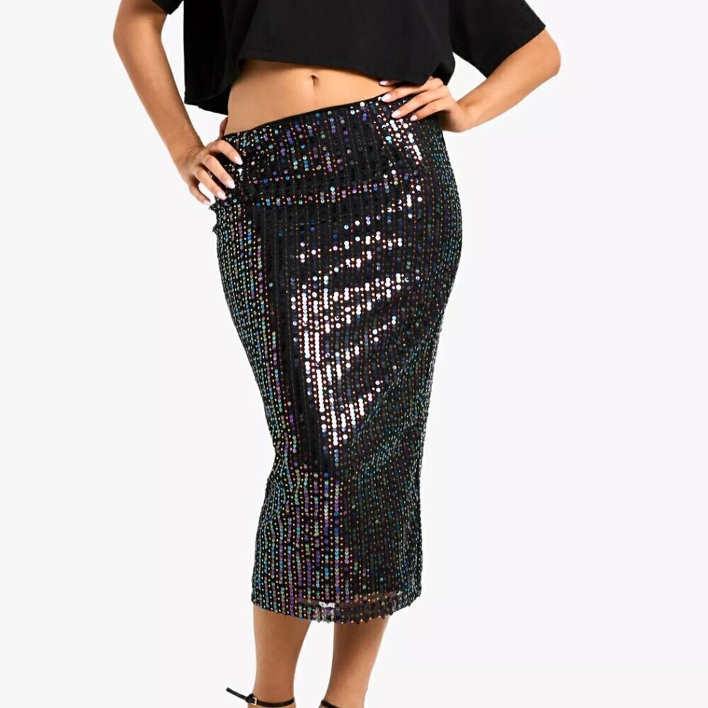 Boohoo Rainbow Iridescent Sequin Midaxi Skirt NWT Size 12